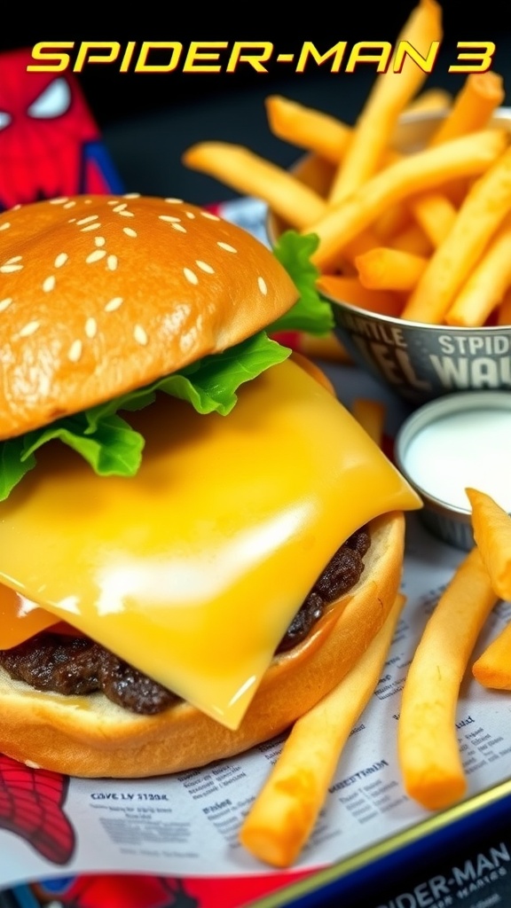 Spider-Man themed burger meal with a burger and fries in themed packaging.